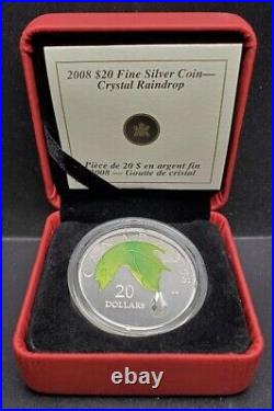 1 Oz Silver Coin 2008 $20 Canada Crystal Raindrop Swarovski Green Leaf