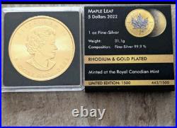 1 oz Silver Coin Gold & Rhodium Plated MAPLE LEAF 2022 Fine Silver Canada