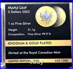 1 oz Silver Coin Gold & Rhodium Plated MAPLE LEAF 2022 Fine Silver Canada