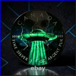 112 RARE 1 oz Canada 2018 UFO ALIEN GLOW IN DARK CANADIAN MAPLE LEAF Silver Coin