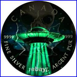 124 RARE 1 oz Canada 2018 UFO ALIEN GLOW IN DARK CANADIAN MAPLE LEAF Silver Coin