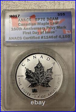 150th anniv ANACS RP70 reverse proof 2017 maple leaf withprivy 1st day issue
