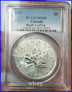 1989 $5 Canada MAPLE LEAF PCGS MS69 Queen Elizabeth II 1 Oz Silver Coin
