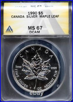 1990 $5 Silver Canadian Maple Leaf MS 67 DCAM ANACS # 7994198 + Bonus