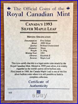 1993 Canada Maple Leaf 9999 Silver 1 oz $5 Coin Sealed Bullion