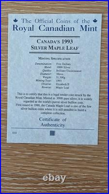 1993 Canada Maple Leaf 9999 Silver 1 oz $5 Coin With Certificate