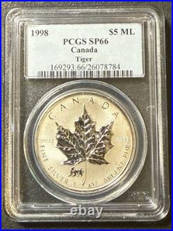 1998 1 Oz. 9999 Silver Canada Maple Leaf with Zodiac Series Tiger Privy Mark