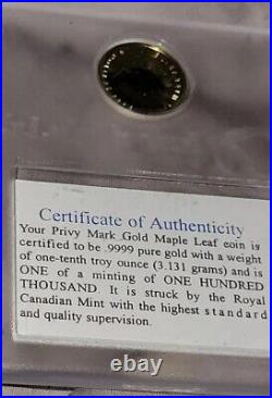 1998 Canadian 1/10 Privy Mark Encased Mint! 9999.9 Fine Gold Certified Case Rare