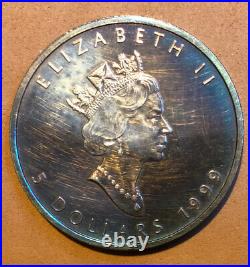 1999 Canada Maple Leaf 1 oz. 9999 Fine Silver 5 Dollars TONED