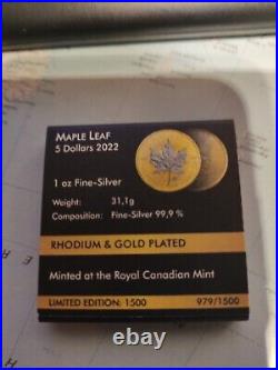 1oz 999 SILVER MAPLE LEAF 2022 RHODIUM & GOLD Silver No. 979/1000