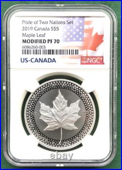 1oz silver Maple leaf, 2019, NGC PF-70 modified, Pride of two nations. Top Pop