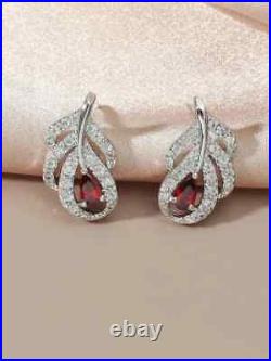 2 Ct Exquisite Maple Leaf Waterdrop Pear Simulated Ruby Stud Earrings 925 Silver