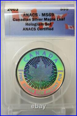2003 Canada Silver Maple Leaf Hologram 5 Coin Set ANACS MS69 withWood Box