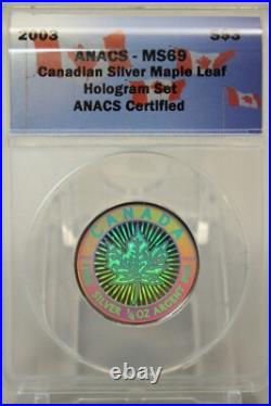 2003 Canada Silver Maple Leaf Hologram 5 Coin Set ANACS MS69 withWood Box