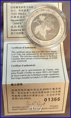 2005 $5 Maple Leaf of Hope Pure Silver Coin 1 oz. Box & COA Chinese Maple Canada