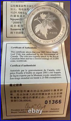 2005 $5 Maple Leaf of Hope Pure Silver Coin 1 oz. Box & COA Chinese Maple Canada