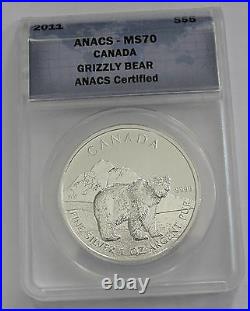 2011 Canada Silver 5 Dollars, Maple Leaf, Grizzly Bear Anacs Ms70 Gem
