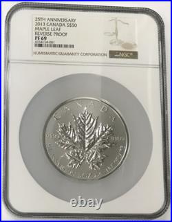 2013 $50 5oz. 9999 Silver Reverse Proof Maple Leaf 25th Anniversary NGC PF69