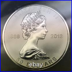2013 $50 5oz. 9999 Silver Reverse Proof Maple Leaf 25th Anniversary NGC PF69