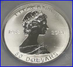 2013 $50 5oz. 9999 Silver Reverse Proof Maple Leaf 25th Anniversary NGC PF69