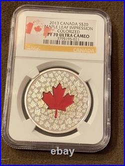 2013 CANADA $20 SILVER MAPLE LEAF IMPRESSION NGC PF 70 Ultra Cameo COLORIZED RED