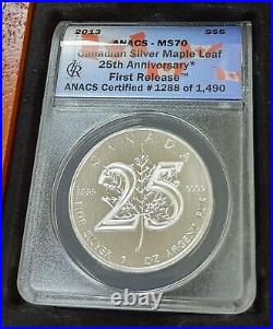 2013 Canadian Silver Maple Leaf! 25th Anniversary First Release Anacs Ms70