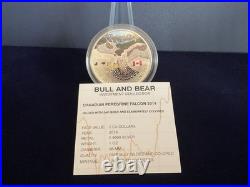 2014 1oz Silver Canadian Maple. Bull & Bear Edition. Gilt & Colour. Box & COA