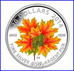 2014 Canada MAPLE LEAVES. 999 1 oz silver $20 GLOW-IN-THE DARK proof coin