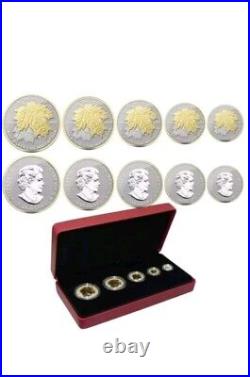 2014 Canadian Silver Maple Leaf Fractional Coin Set/Gold Gilded, OGP & COA. Rare