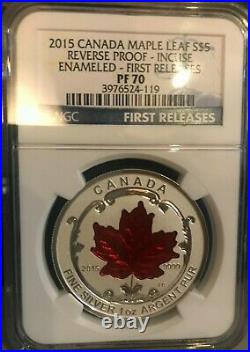 2015 $5 Silver Maple Leaf Reverse Proof Incuse Enameled Ngc Pf70 First Releases