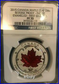 2015 $5 Silver Maple Leaf Reverse Proof-incuse- Enameled Ngc Pf70 First Releases
