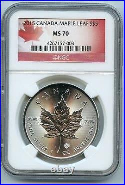 2015 Canadian Maple Leaf $5 Silver Dollar MS70 NGC. 9999 Certified Graded Coin