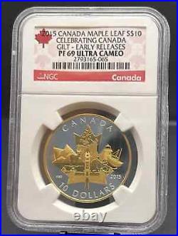 2015 Celebrating Canada Maple Leaf Gold Gild Gilt $10 Silver. 9999 NGC PF 69