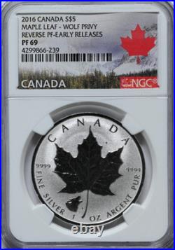 2016 $5 Silver Maple Leaf Wolf Privy Reverse NGC PF69 1 oz 999 Pure Silver Coin