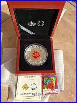 2016 Canada 5 Oz Murano Glass Maple Leaf Autumn Radiance $50 Pure Silver Coin