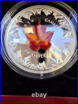 2016 Canada 5 Oz Murano Glass Maple Leaf Autumn Radiance $50 Pure Silver Coin