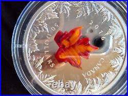 2016 Canada 5 Oz Murano Glass Maple Leaf Autumn Radiance $50 Pure Silver Coin