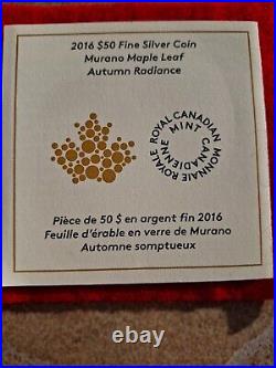 2016 Canada 5 Oz Murano Glass Maple Leaf Autumn Radiance $50 Pure Silver Coin