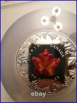 2016 Canada Autumn Radiance Murano Glass Maple Leaf 5 oz Silver Coin PF70 1900