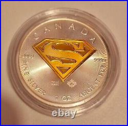 2016 Canadian 1oz 9999 Fine Silver Maple Superman Coin, Gold Gilded