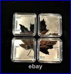 2017 CANADA 4 x $3 SQUARE MAPLE LEAF QUARTET PROOF SILVER. 9999 +BOX/CASE/COA