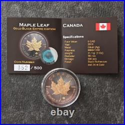 2018 1OZ Silver Canada Maple Leaf 24kt Gold gilded Black Empire ONLY 500pc #352