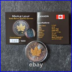 2018 1OZ Silver Canada Maple Leaf 24kt Gold gilded Black Empire ONLY 500pc #362