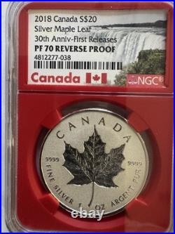 2018 1oz 9999 FINE SILVER MAPLE LEAF 30th ANNIV. 1st RELEASE NGC PF 70 REV PF