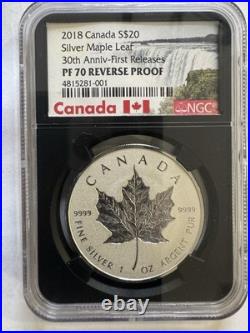 2018 1oz 9999 FINE SILVER MAPLE LEAF 30th ANNIV. 1st RELEASE NGC PF 70 REV PF