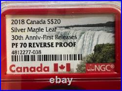 2018 1oz 9999 FINE SILVER MAPLE LEAF 30th ANNIV. 1st RELEASE NGC PF 70 REV PF