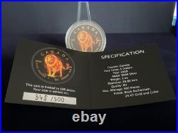 2018 1oz Silver Canadian Maple. BURNING ANIMALS LION. Box With COA