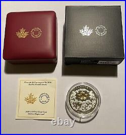 2018 $30 2 Oz Fine Silver Golden Maple Leaf. 9999 18Kt Gold 1g Box & COA Canada