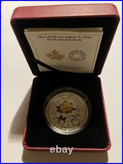 2018 $30 2 Oz Fine Silver Golden Maple Leaf. 9999 18Kt Gold 1g Box & COA Canada