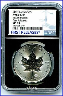 2018 $5 Canada 1 Oz Silver Incuse Design Maple Leaf Ngc Ms69 First Release Retro